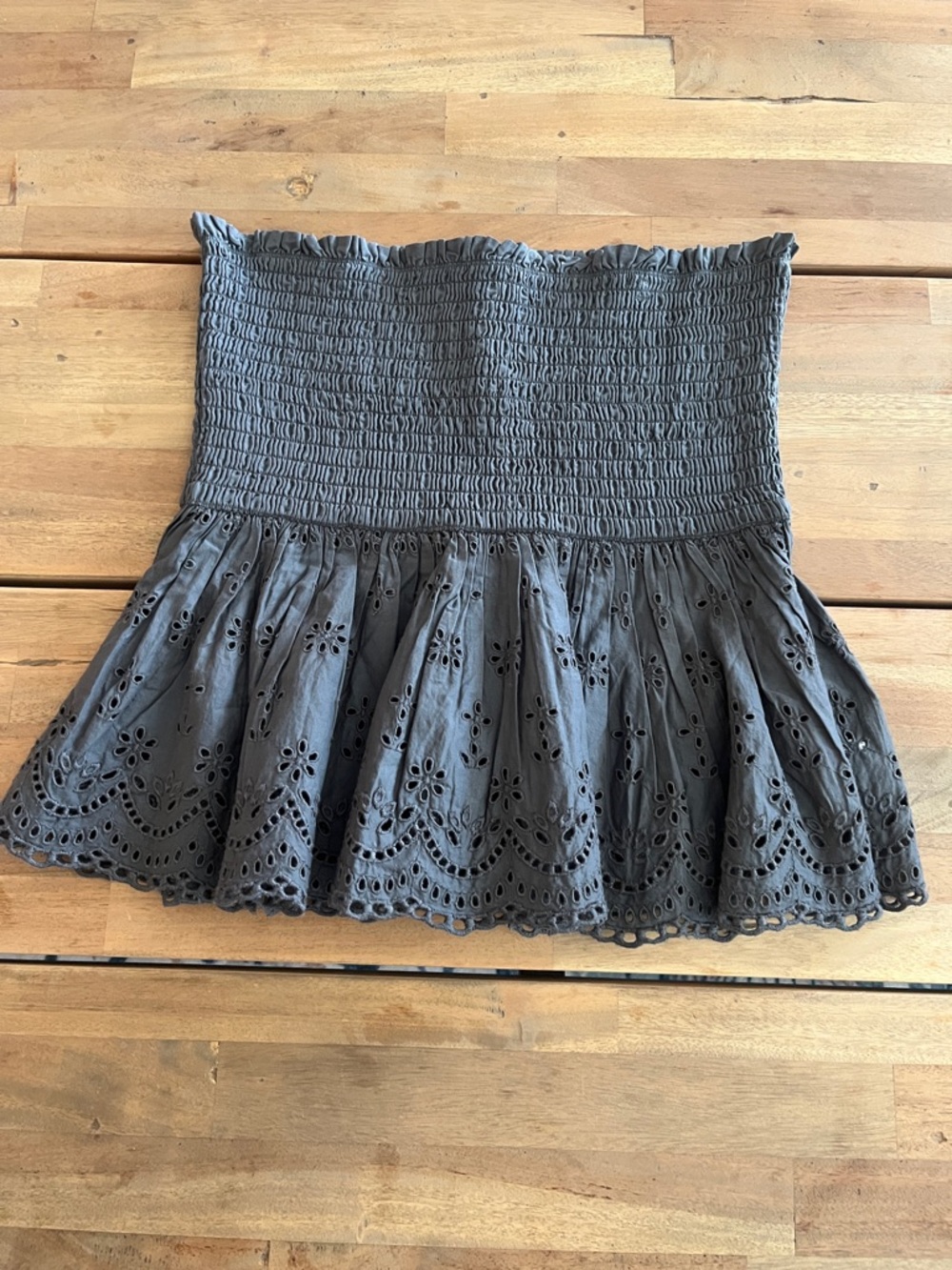 American Eagle Outfitters Charcoal Smocked Eyelet Strapless Crop Top